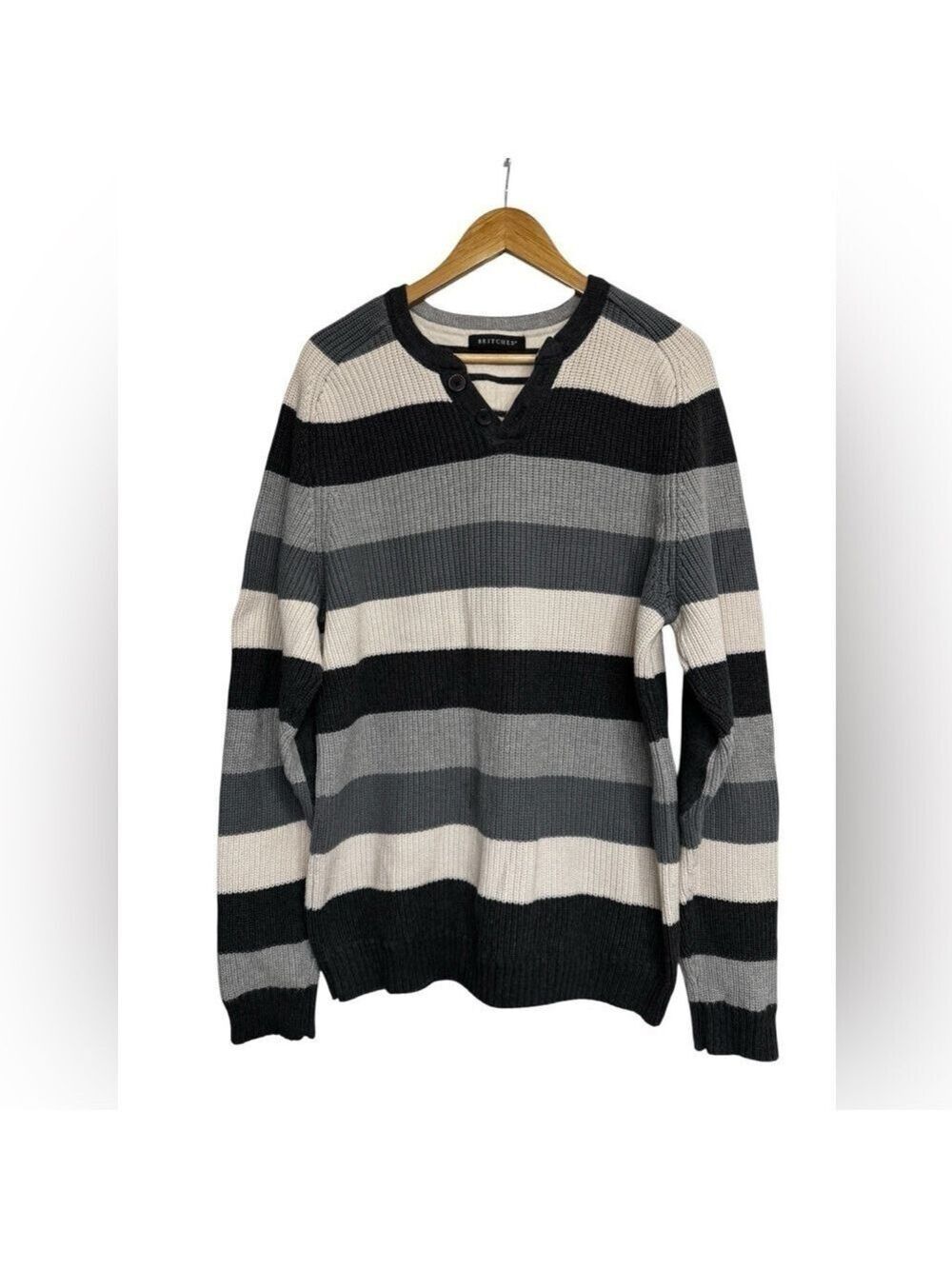 Britches Vintage Striped Cotton Sweater Black Gray Cream Large